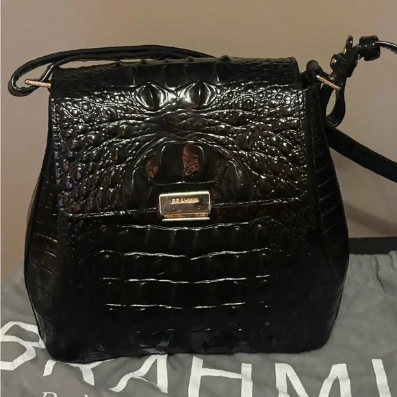 Brahmin Shiny Black Croc-Embossed Shoulder Bag with Gold-Tone Hardware - Picture 1 of 7